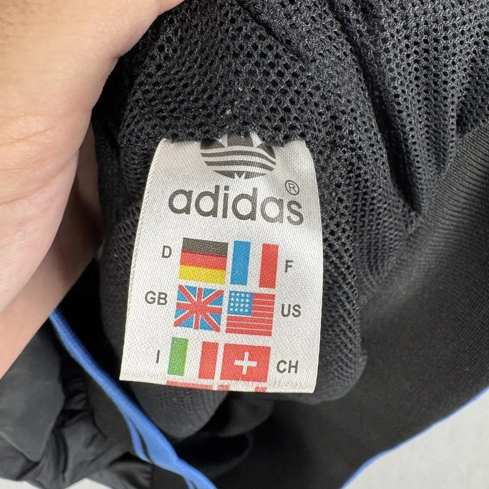 Vintage Adidas Originals Jacket Mens Medium Black Blue Hood Windbreaker Full Zip